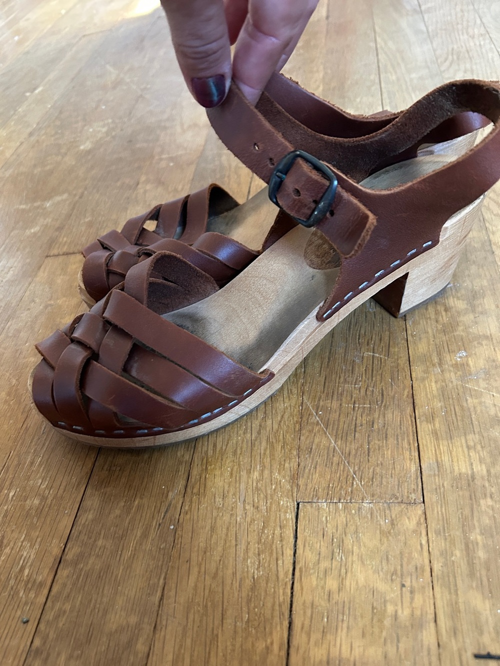 Women’s Brown Leather Woven Clog Sandals